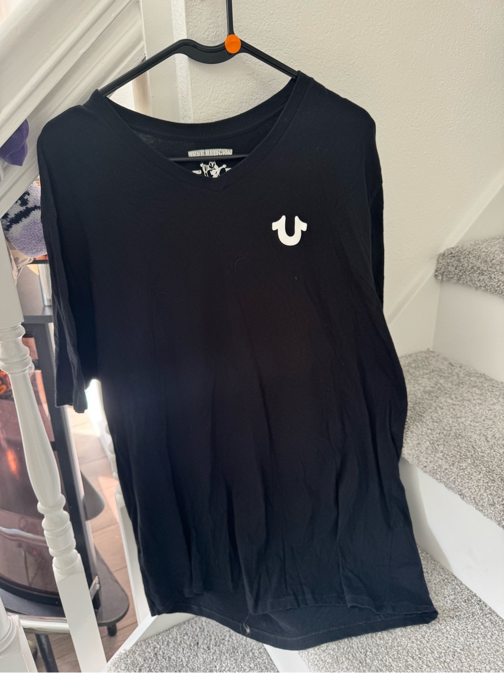True Religion Black V-Neck Tee with White Horseshoe Logo